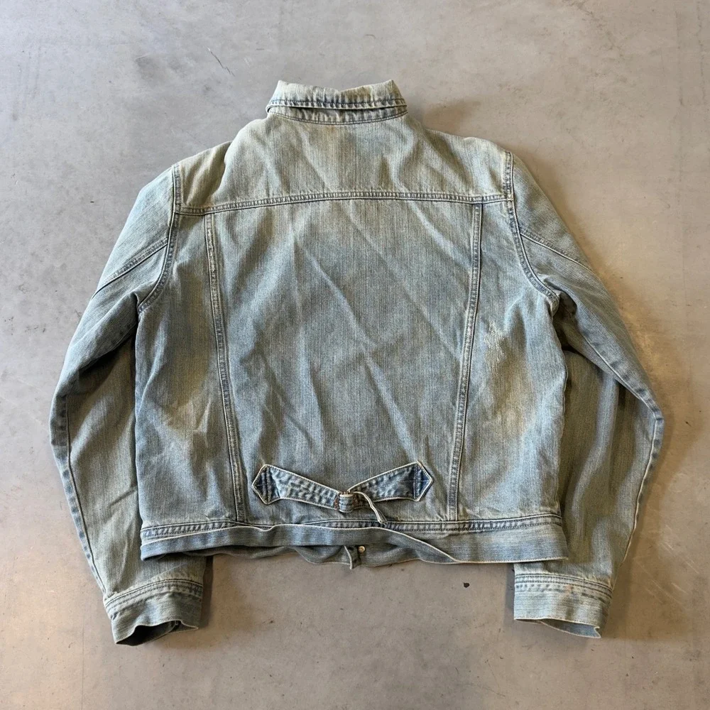 Old Navy Mens Denim Trucker Jacket Distressed Blue Jean Buckle Back Size Large